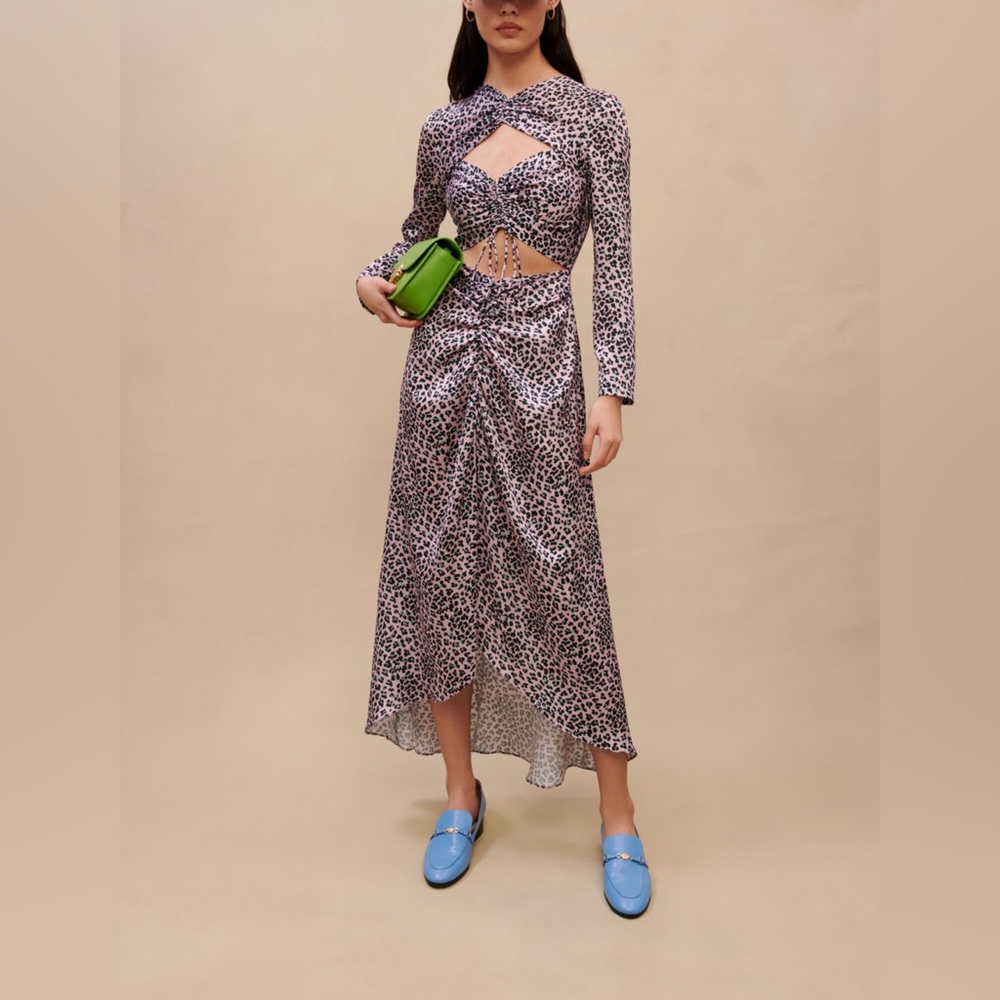 Maje Rave Long satiny cut-out Leopard Print Maxi Dress size 42 EU / US Size XL